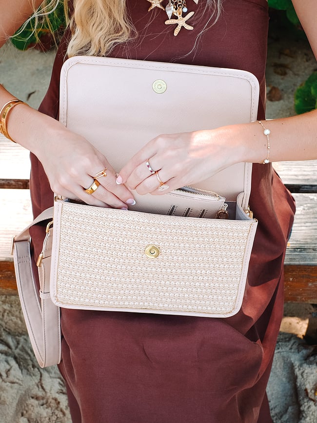 Bolso de Hombro de rafia Stackers, marrón, con tarjetero y espejo