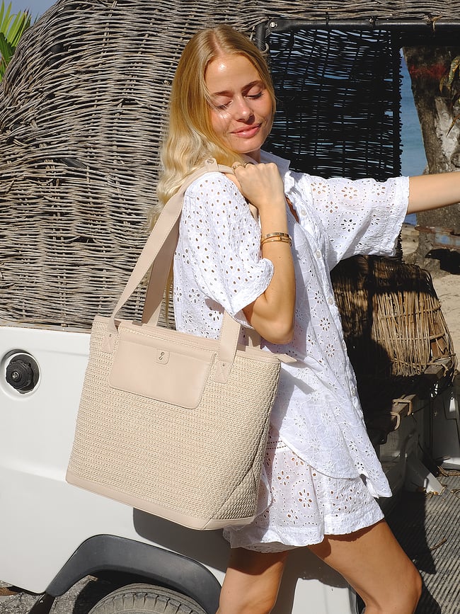 Bolsa de rafia Stackers Raffia, rosa claro, con tarjetero, 2 bolsitas y espejo