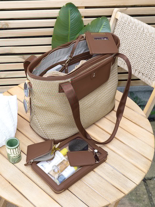 Bolsa de rafia Stackers Raffia, rosa claro, con tarjetero, 2 bolsitas y espejo