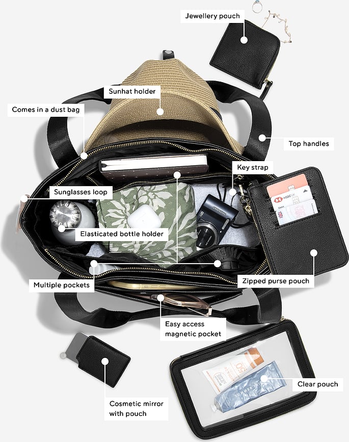 Bolsa de rafia Stackers Raffia, rosa claro, con tarjetero, 2 bolsitas y espejo