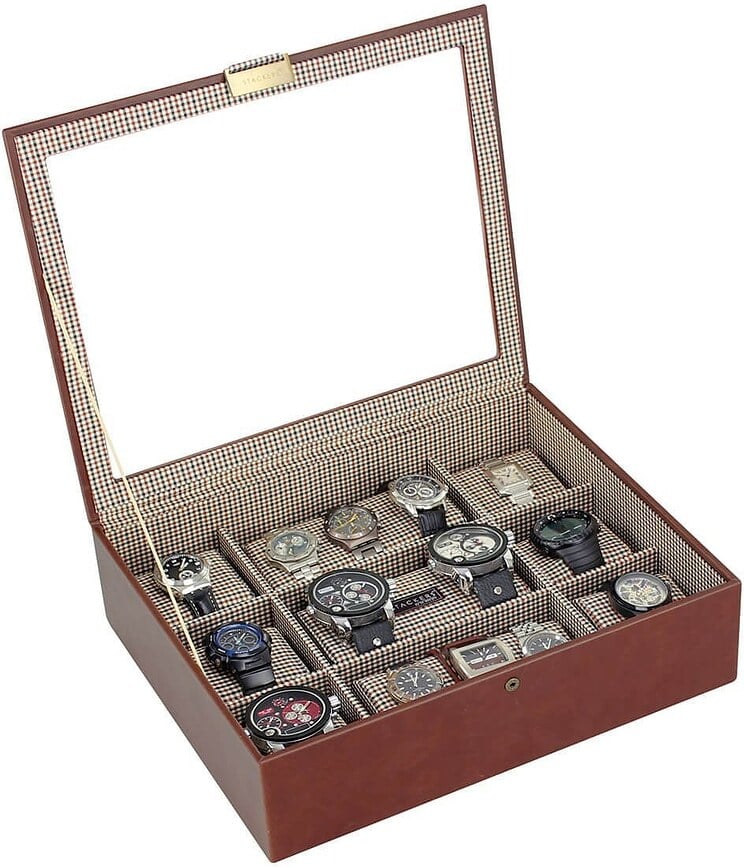 Caja para relojes Stackers, doble, 18 compartimentos, marrón