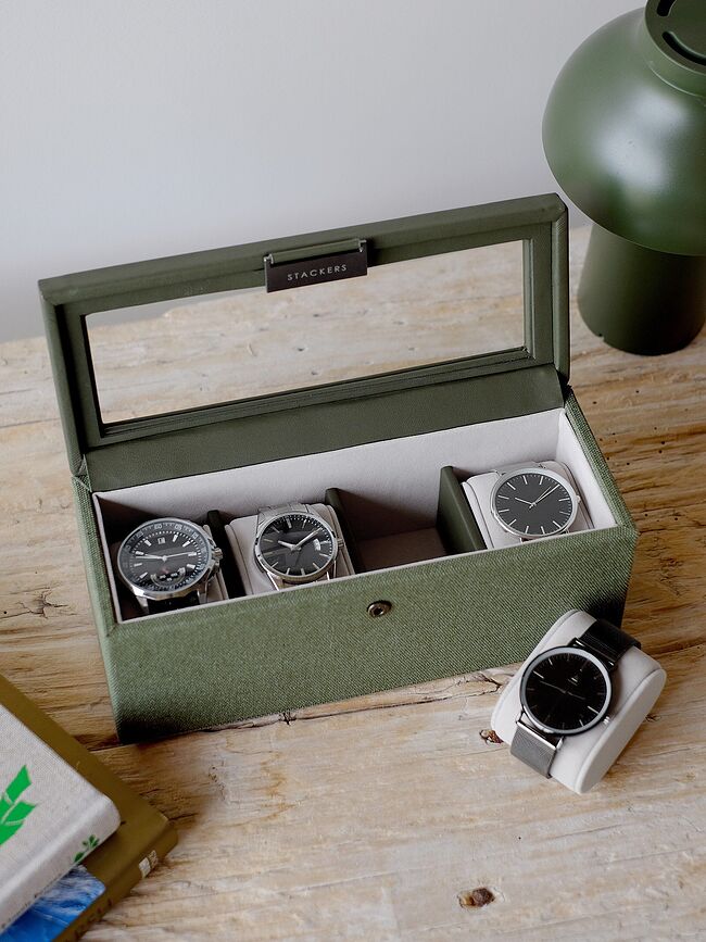 Caja para relojes Stackers Canvas, de cuatro compartimentos, verde