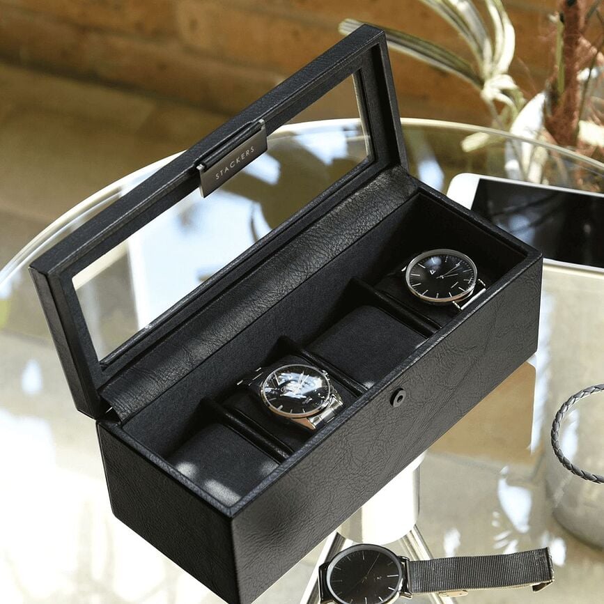 Caja para Relojes Stackers, negra, de cuatro compartimentos