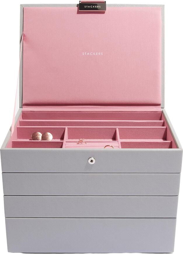 Joyero apilable de cuatro niveles Stackers Classic, gris y rosa