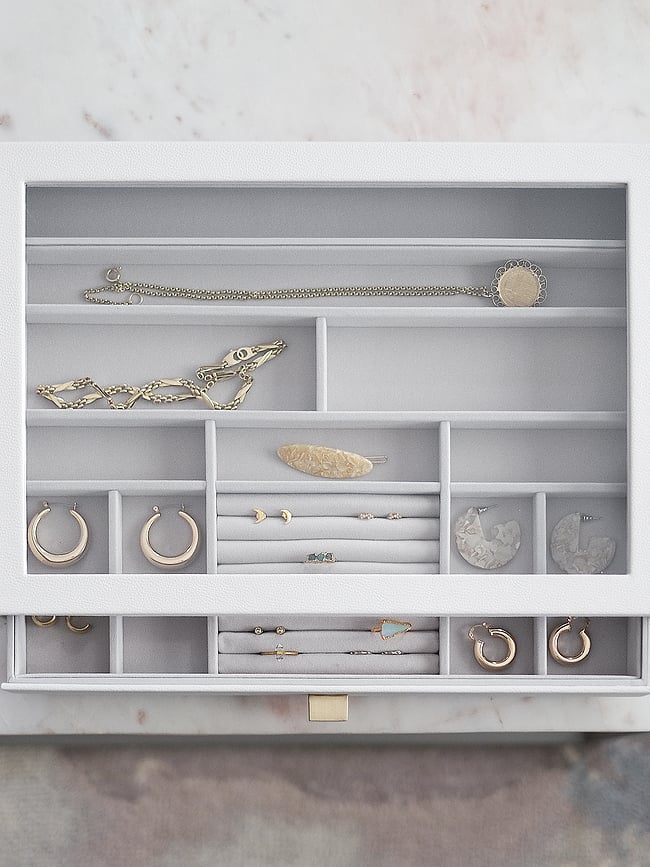 Joyero supersize Stackers, 16 compartimentos, con cajón y tapa de cristal, topo