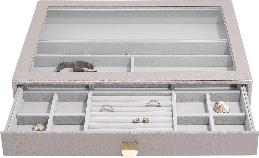Joyero con tapa de cristal y cajón Stackers, 16 compartimentos, tamaño supersize