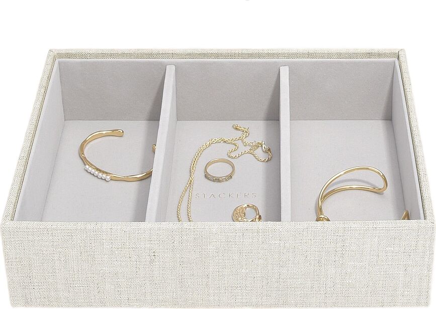 Joyero de lino Stackers, clásico, 3 compartimentos, beige claro