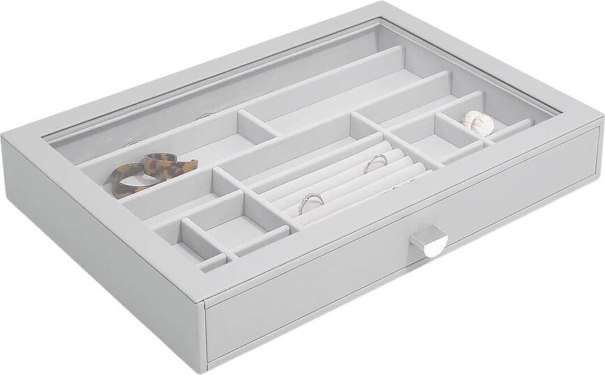 Joyero Stackers Supersize, de 15 compartimentos, gris piedra, con cajón y tapa de cristal