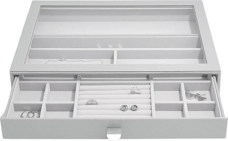 Joyero Stackers Supersize, de 15 compartimentos, gris piedra, con cajón y tapa de cristal