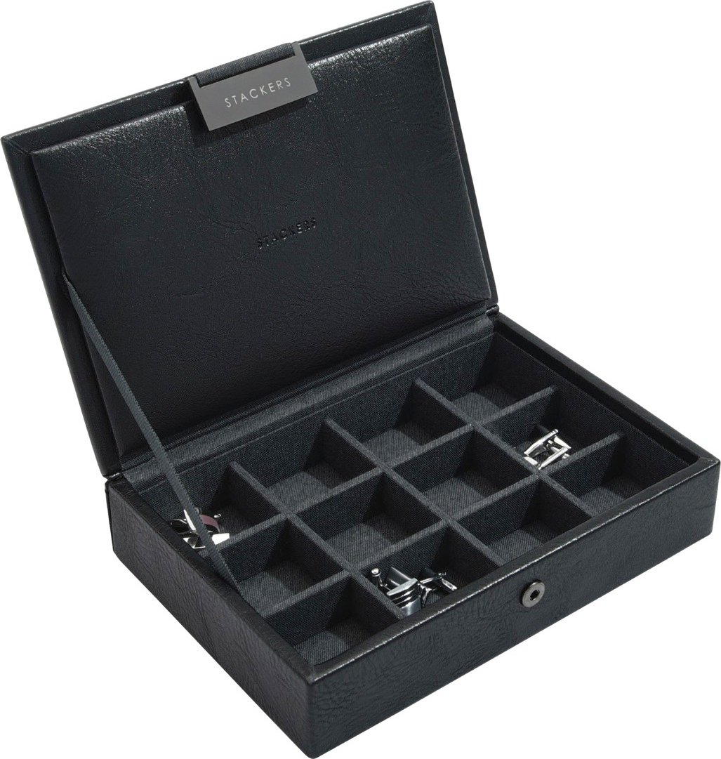 Pudełko na spinki do mankietów Stackers mini czarne z pokrywką 12 komorowe