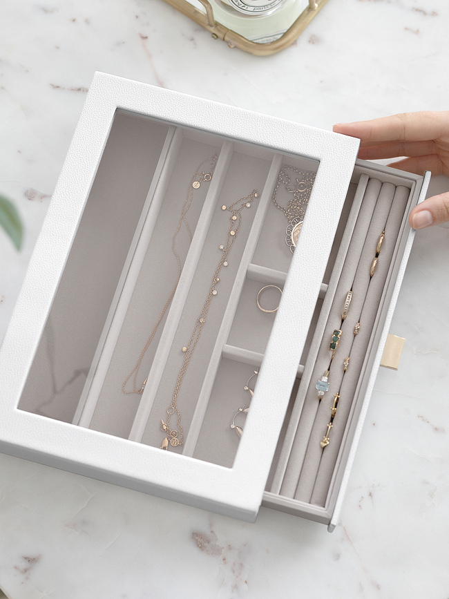 Stackers Boîte à bijoux à 6 compartiments, avec tiroir et couvercle en verre, taupe, style classique