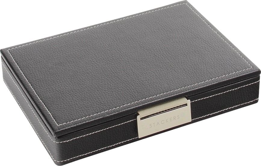 Stackers Boîte à boutons de manchette 12 compartiments, avec couvercle, noire, mini rayée