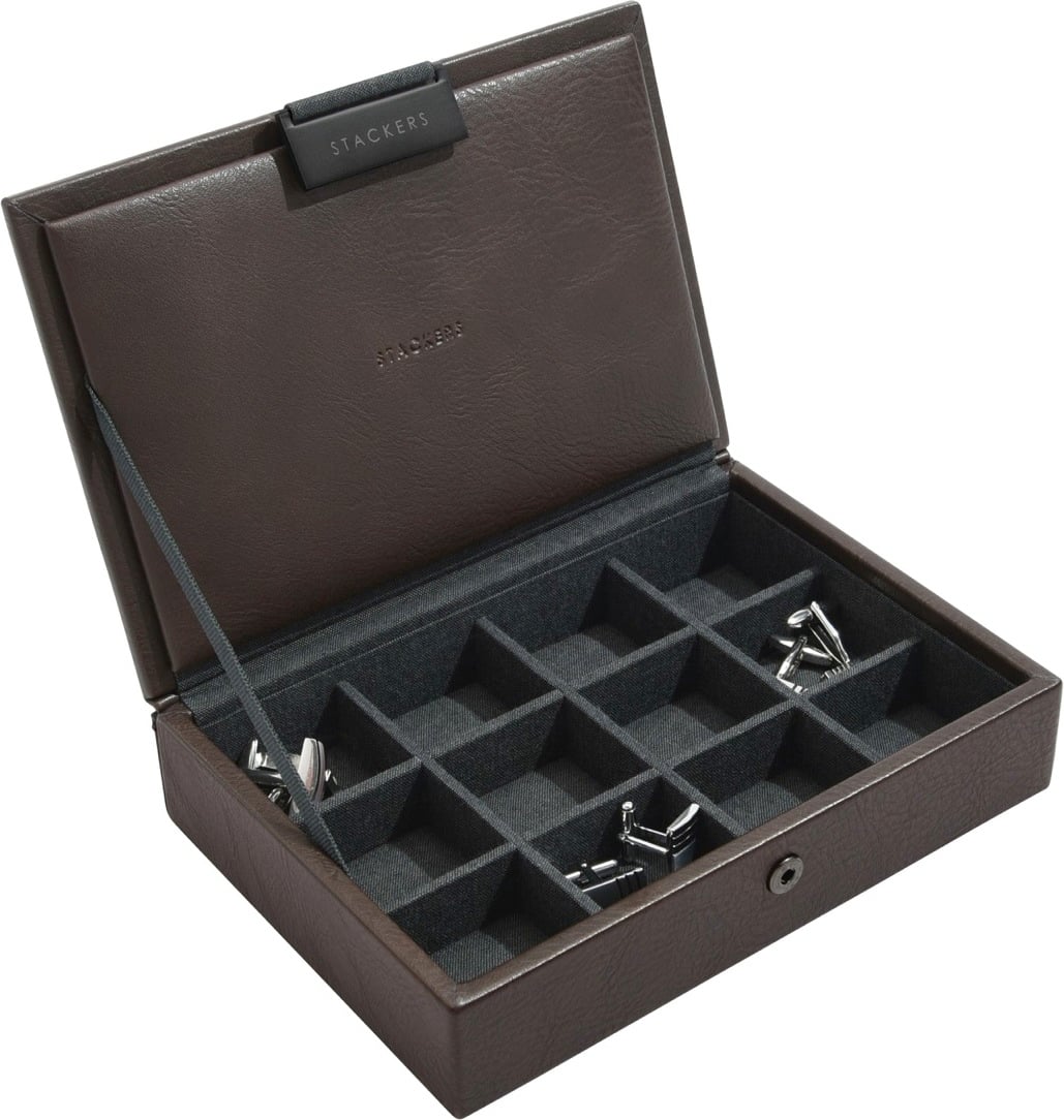 Stackers Box für Manschettenknöpfe mini braun mit Deckel 12-Fächer