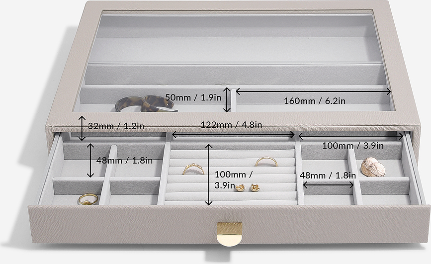 Stackers Jewellery box supersize 16 chamber taupe with drawer and glass lid