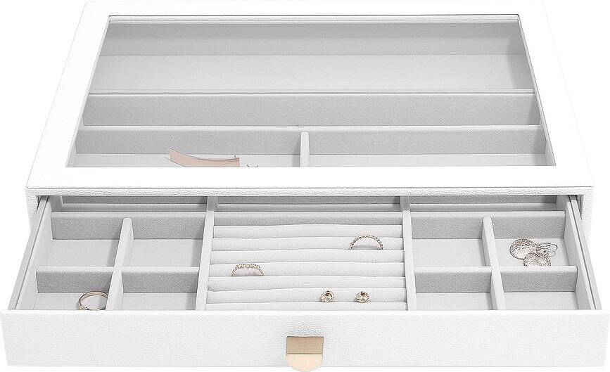Stackers Pebble Boîte à Bijoux Supersize, à 16 compartiments, avec tiroir et couvercle en verre, blanche