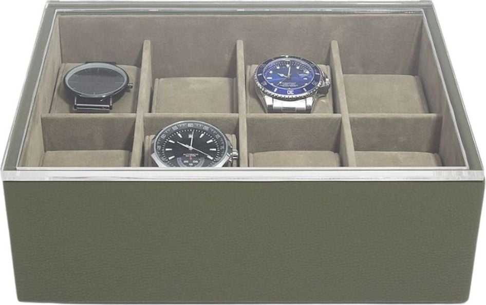 Stackers Pebble Classic Uhrenschachtel 8-Fächer olivenfarben mit Deckel