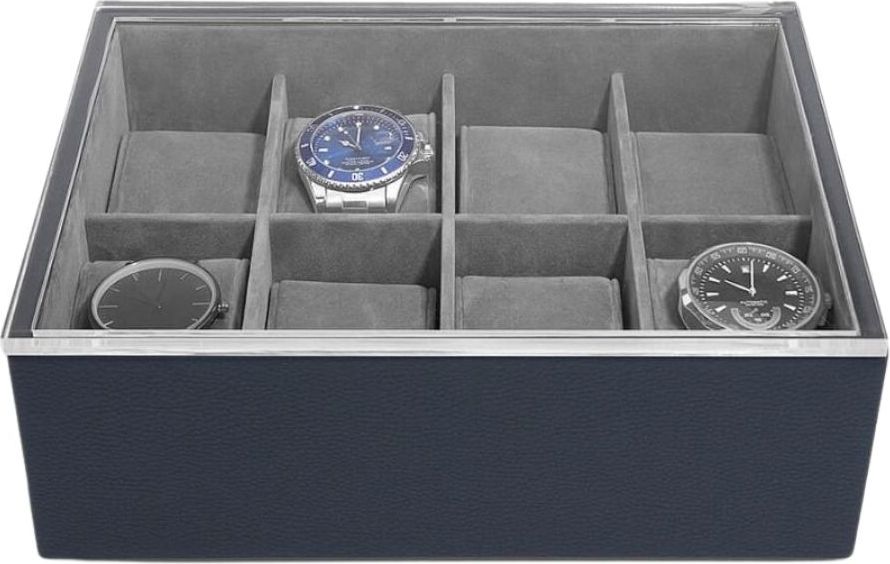 READY 2024 TO SHIP - 8 Compartment Watch Box With Navy Microsuede Cushions