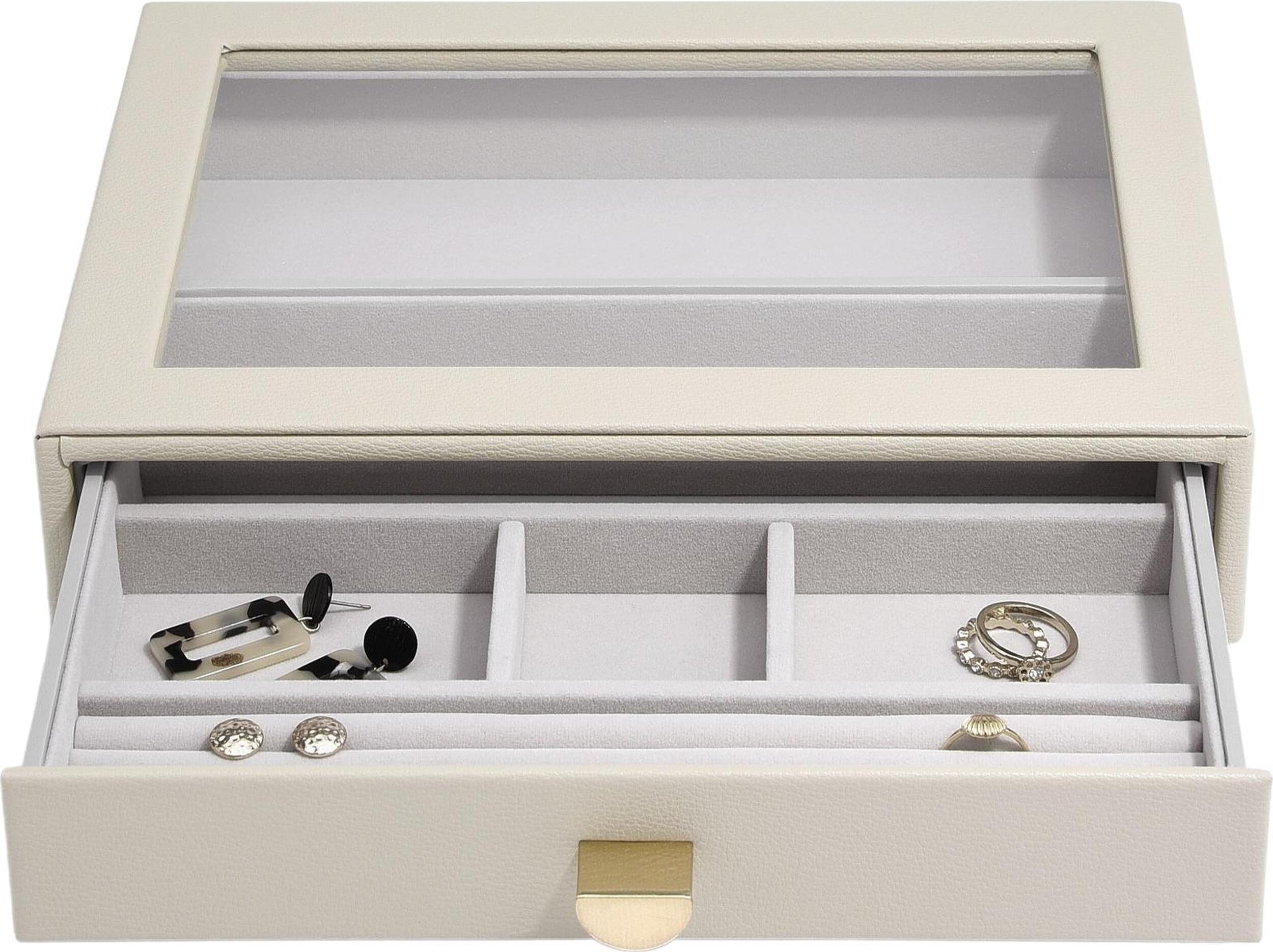Stackers Pebble Schmuckkästchen classic 6-Fächer hellbeige mit Schublade und Glasdeckel