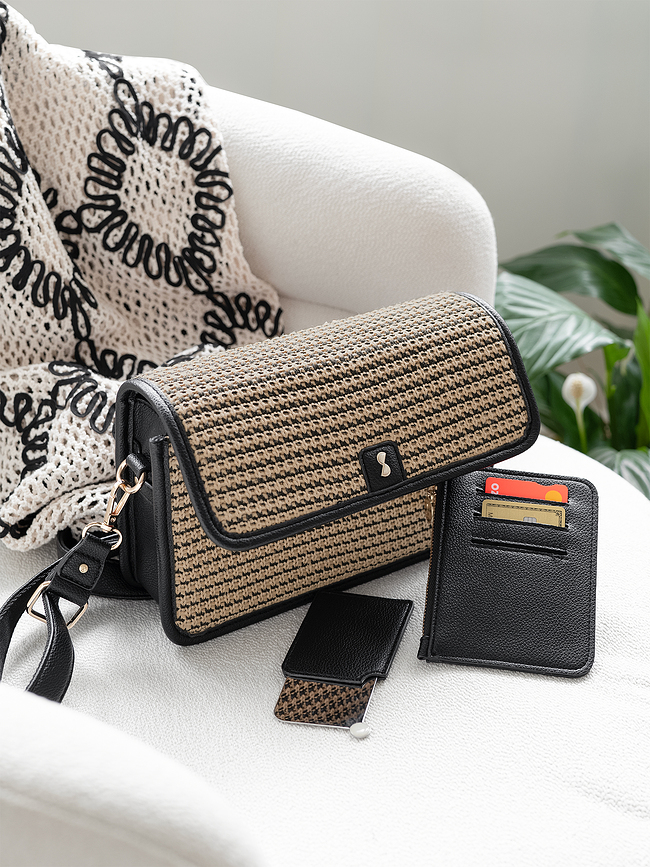 Stackers Raffia Sac à Bandoulière avec porte-cartes et miroir, marron