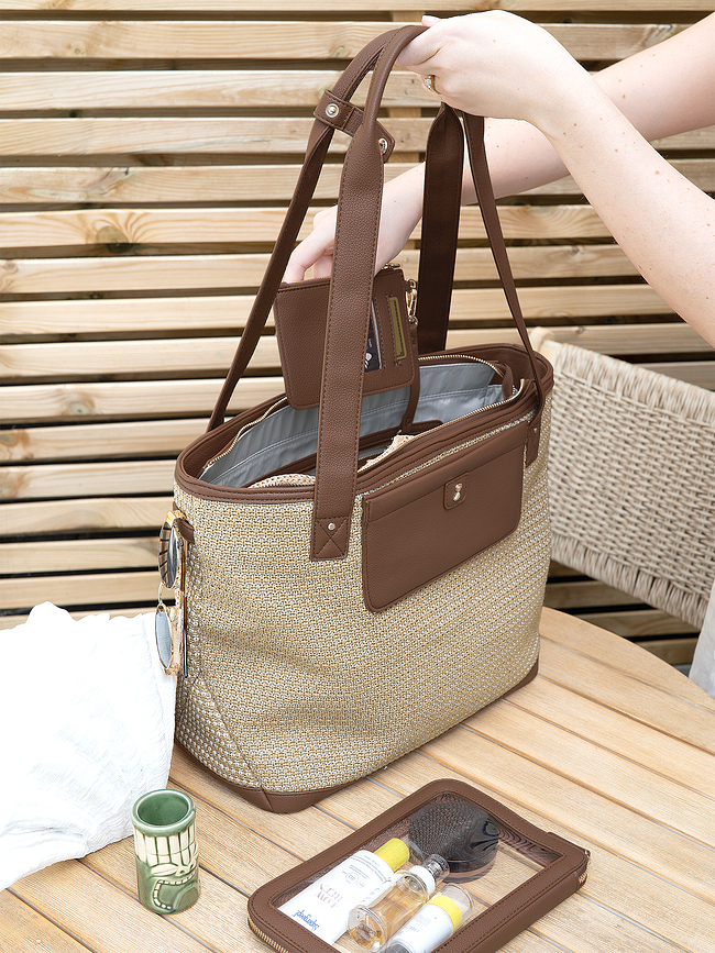 Stackers Raffia Sac, avec étui à cartes, 2 pochettes et miroir, raphia, rose clair