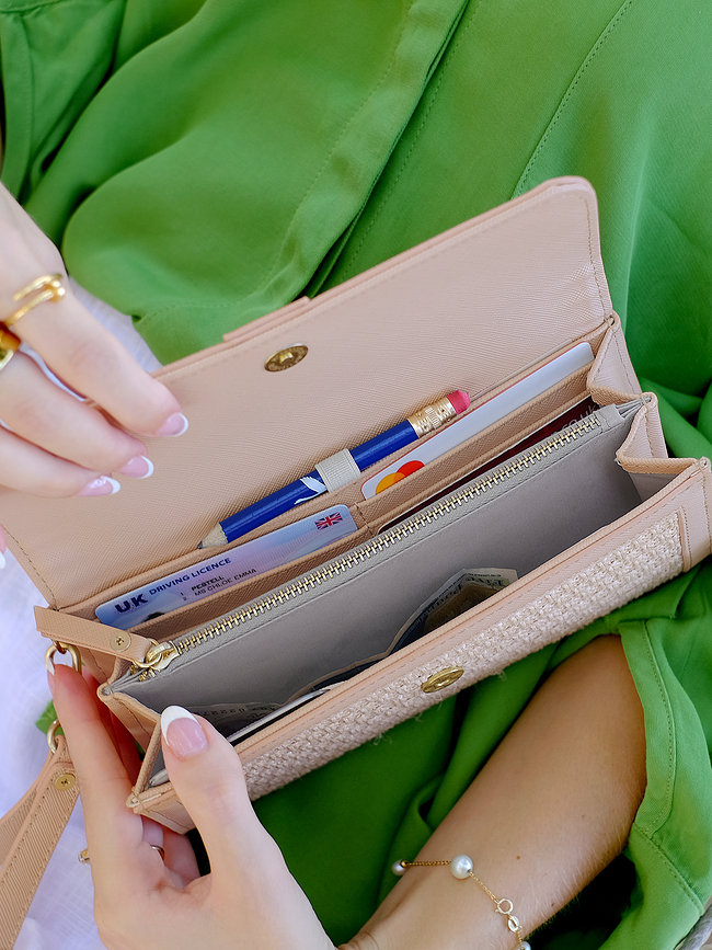 Stackers Raffia Torbica z etuijem za kartice in ogledalom, svetlo roza