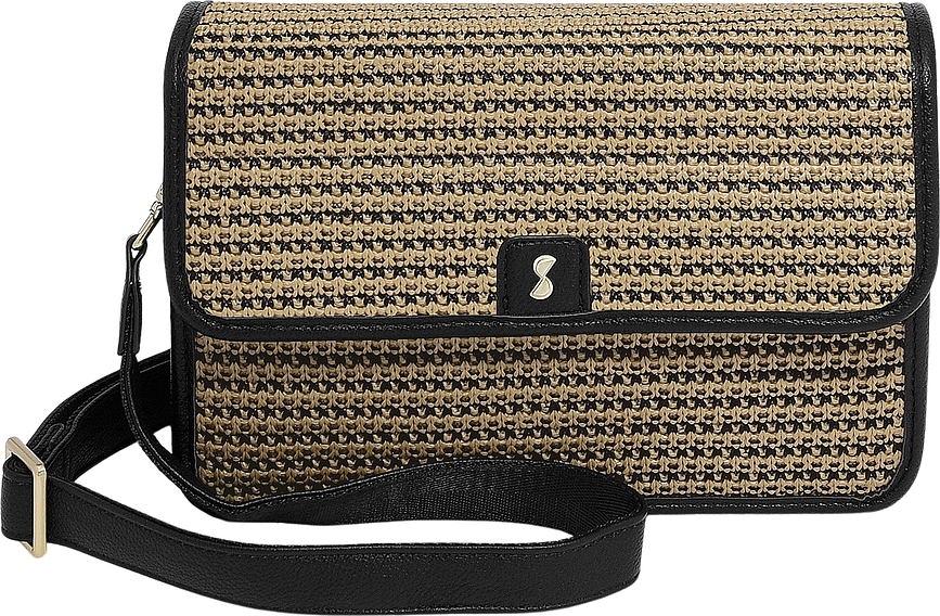 Stackers Raffia Τσάντα Ώμου, με θήκη καρτών και καθρεφτάκι, μαύρη