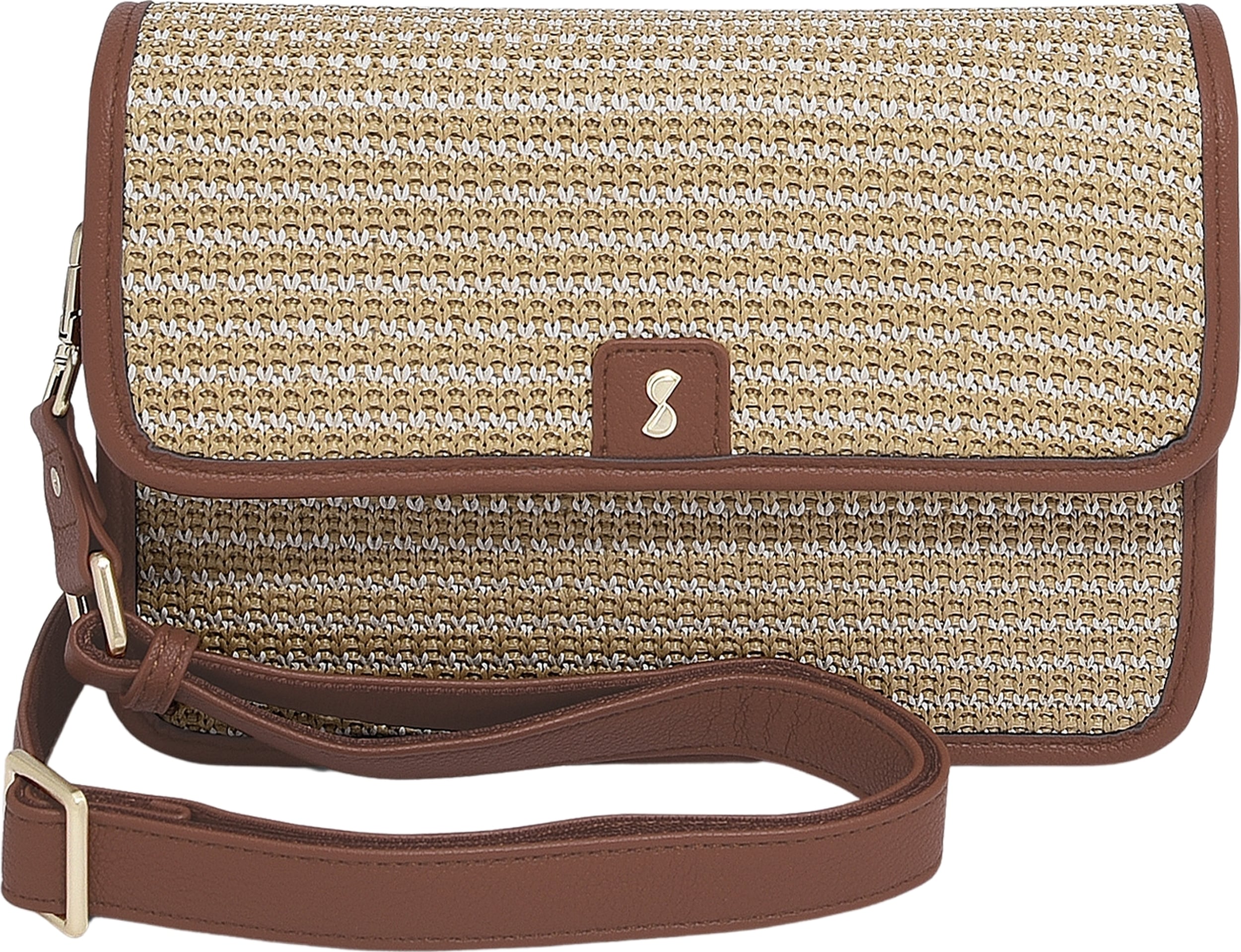 Stackers Raffia Umhängetasche mit Kartenetui und Spiegel, braun