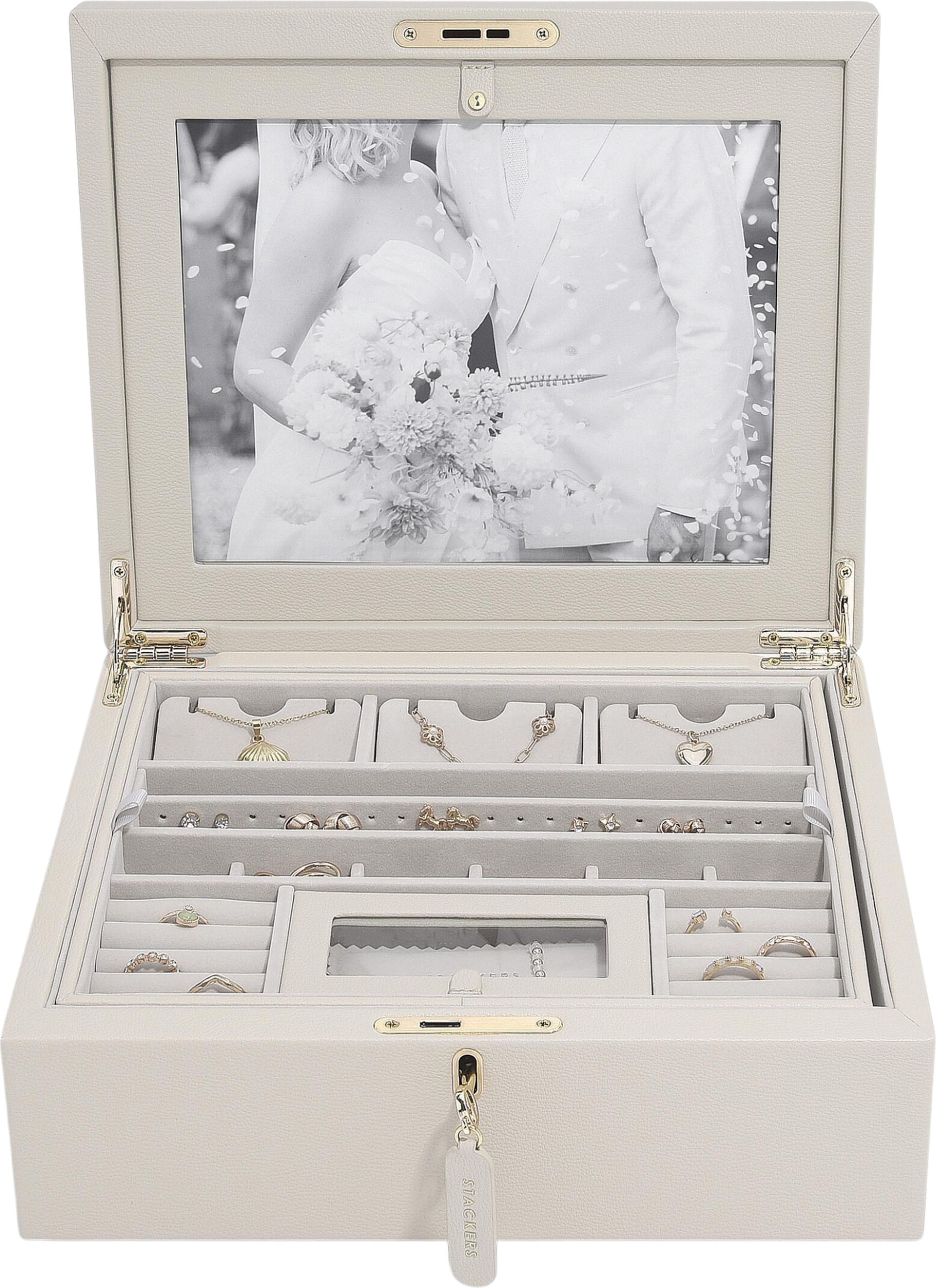 Stackers Schmuckkasten mit Fotorahmen doppelt, beige, mit Reiseschmuckkästchen, 3-teiliges Set