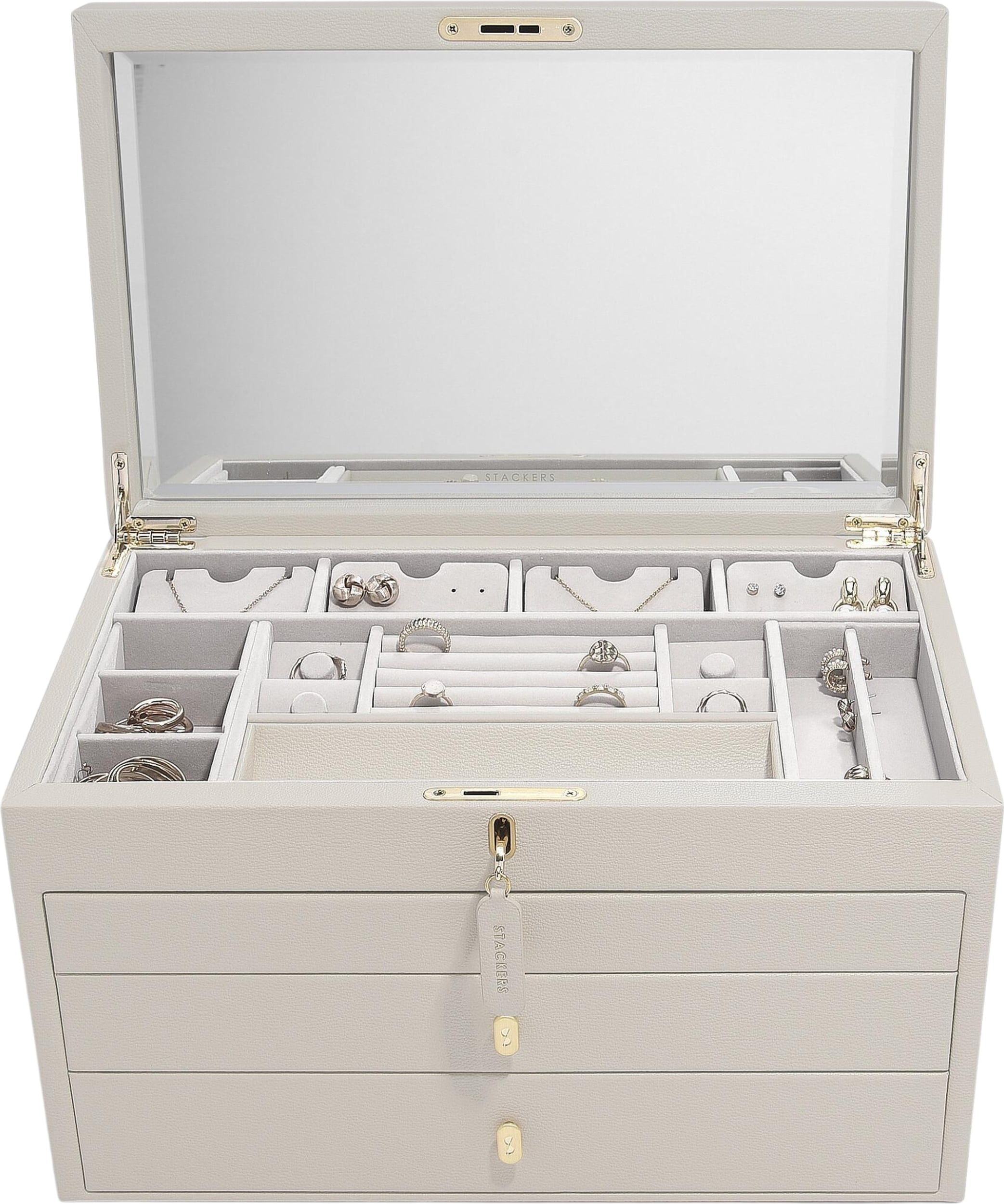 Stackers Schmuckkasten mit Schubladen doppelt, beige, mit Reiseschmuckdose, 6-tlg.