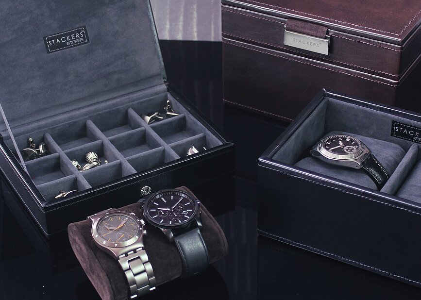 Stackers Škatla za manšetne gumbe mini s pokrovom, črno-siva