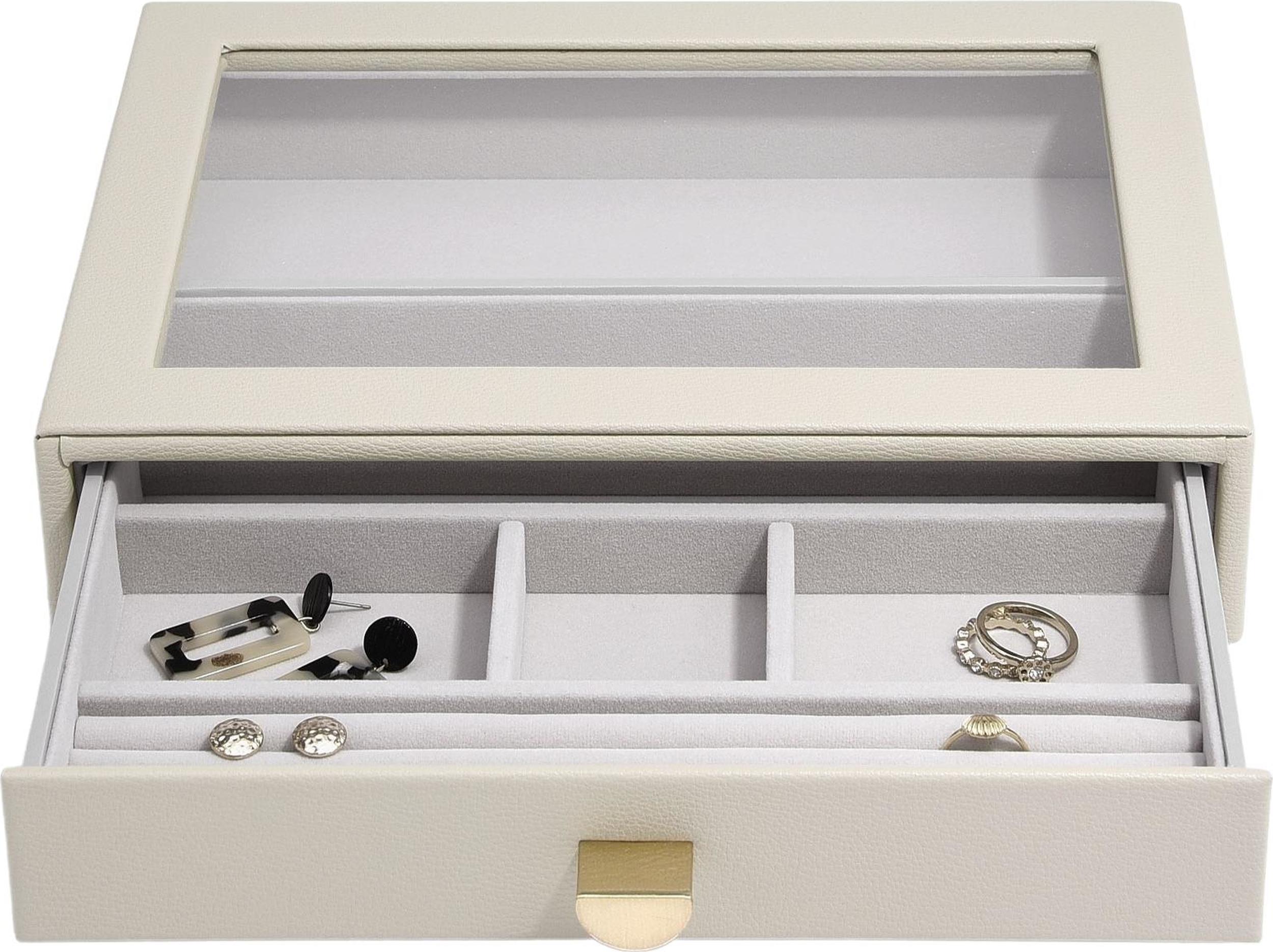 Szkatułka na biżuterię Stackers Pebble 6 komorowa classic jasnobeżowa z szufladą i szklaną pokrywką