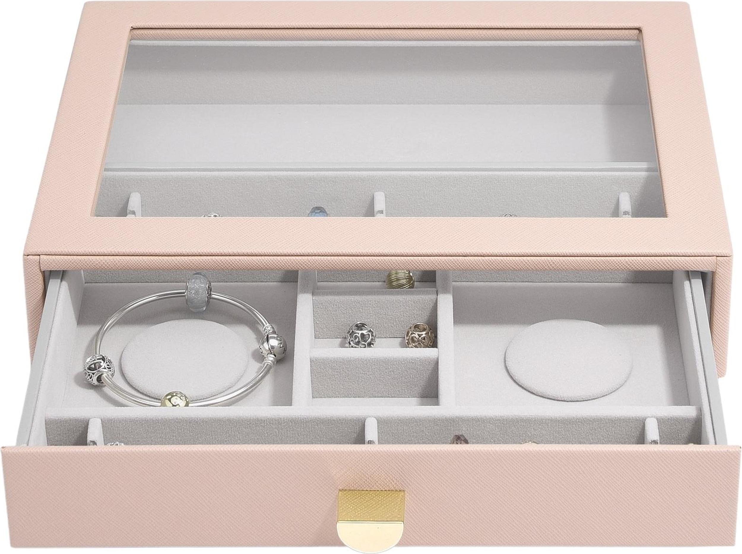 Szkatułka na charmsy Stackers classic różowa z szufladą i szklaną pokrywką