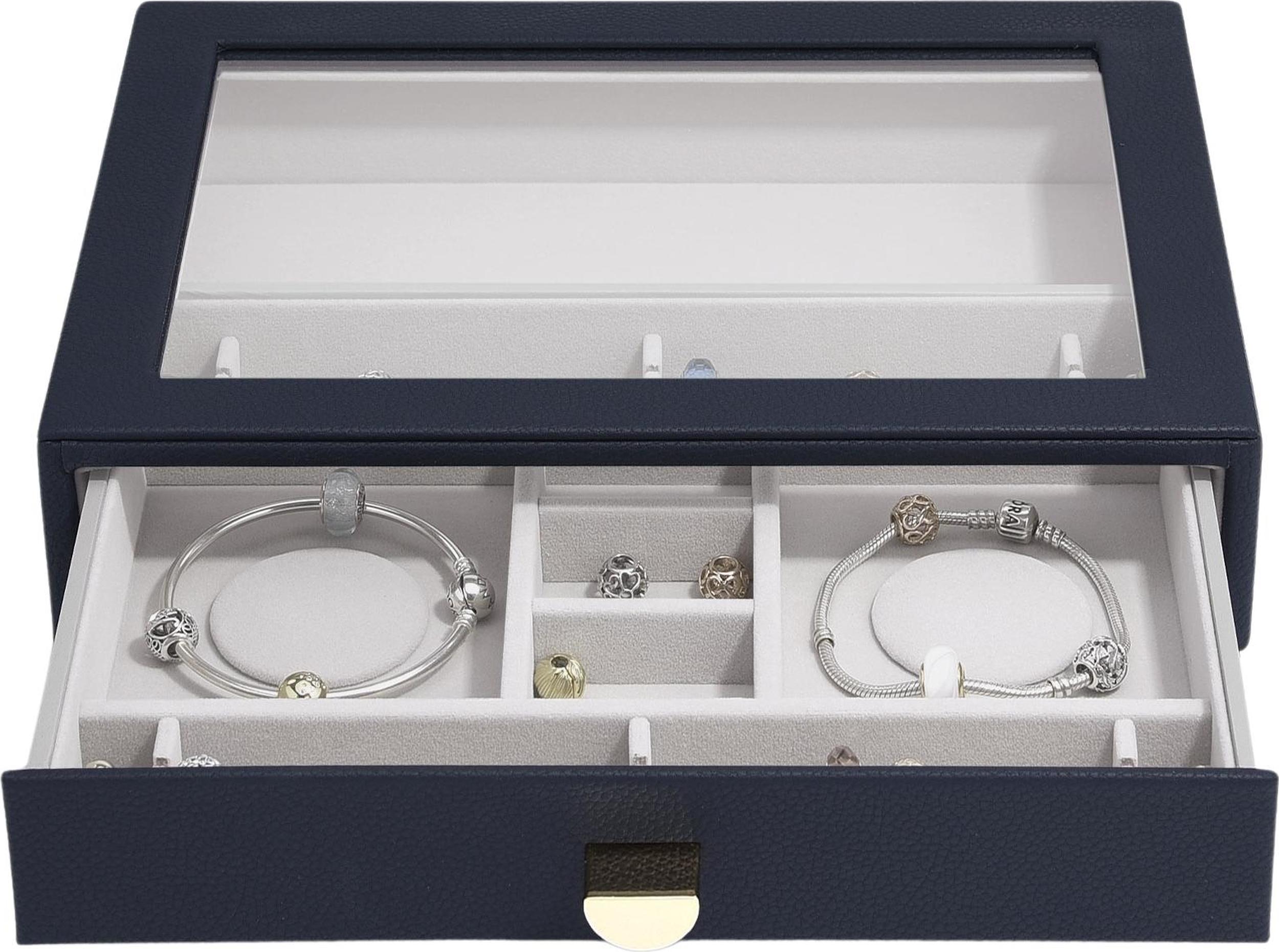 Szkatułka na charmsy Stackers Pebble classic granatowa z szufladą i szklaną pokrywką