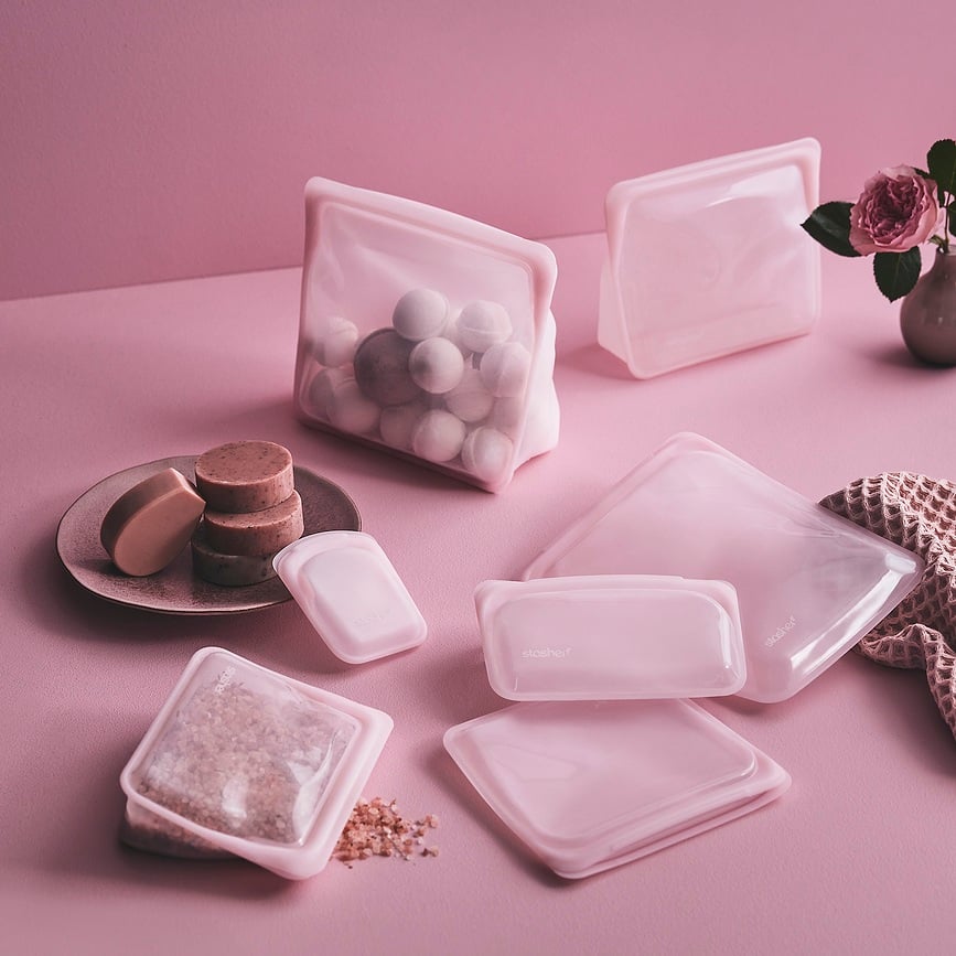 Bolsa de silicona reutilizable Stasher Stand Up Mid Rainbow, 1,5 l, rosa