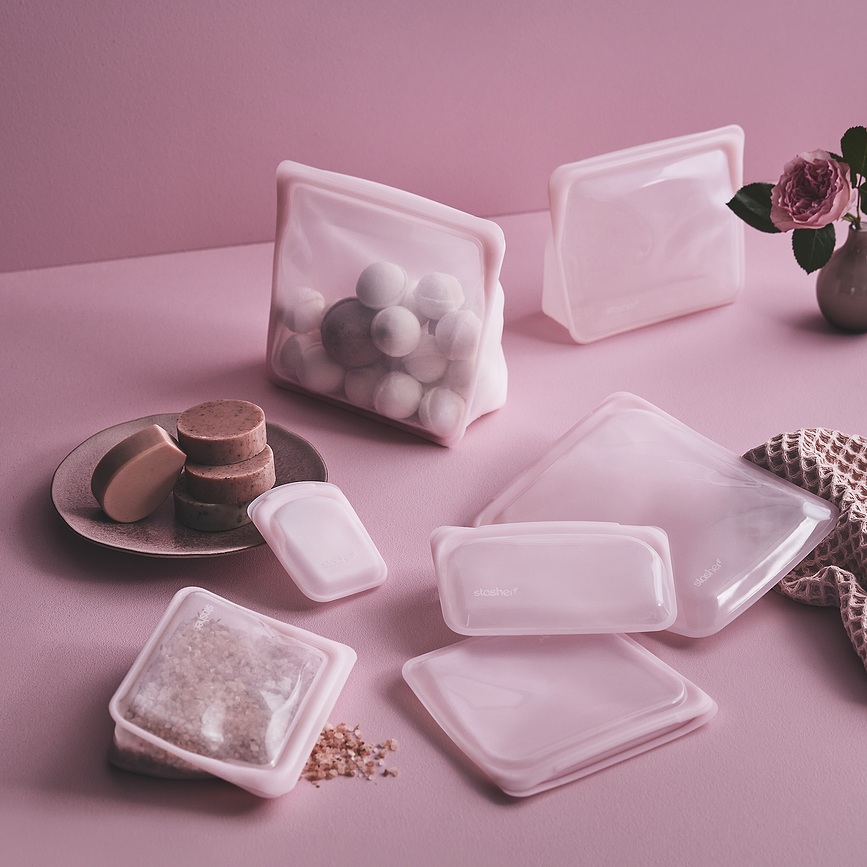 Stasher Stand Up Mid Rainbow Sac de Conservation Alimentaire vertical, 1,5 l, rose, en silicone