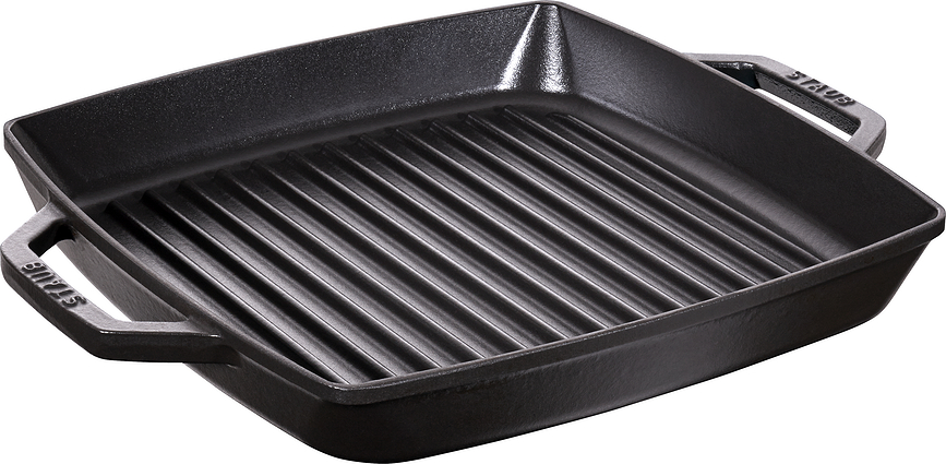 Bistecchiera Staub forma quadrata 28 cm nera in ghisa con due portabicchieri