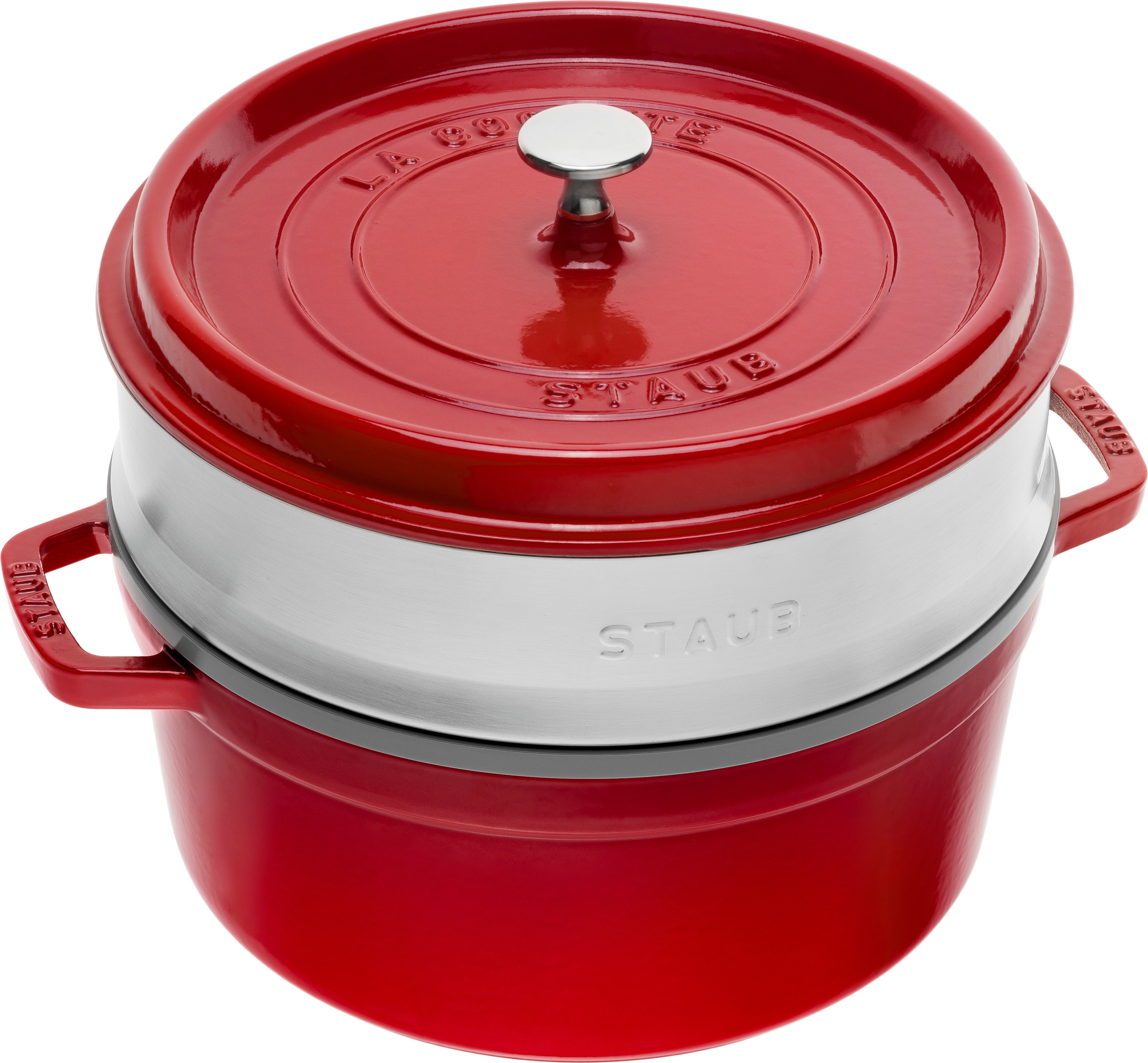 La Cocotte Topf 3,8 l rot aus Gusseisen gefertigt mit Einsatz für Dampfgaren