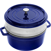 La Cocotte Topf 5,25 l blau aus Gusseisen gefertigt mit Einsatz für Dampfgaren