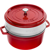 Oală La Cocotte 5,25 l roșie de fontă cu accesoriu pentru gătit cu abur