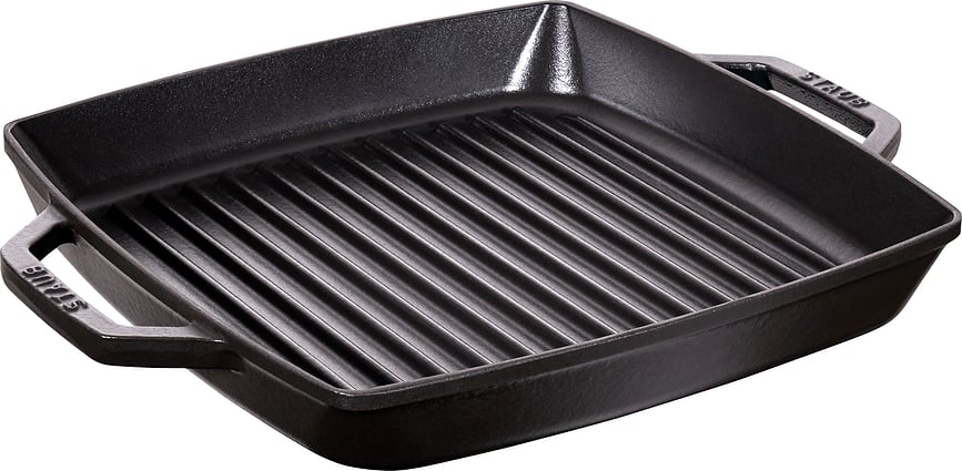 Staub Grillpfanne 28 cm quadratisch schwarz aus Gusseisen mit zwei Griffen