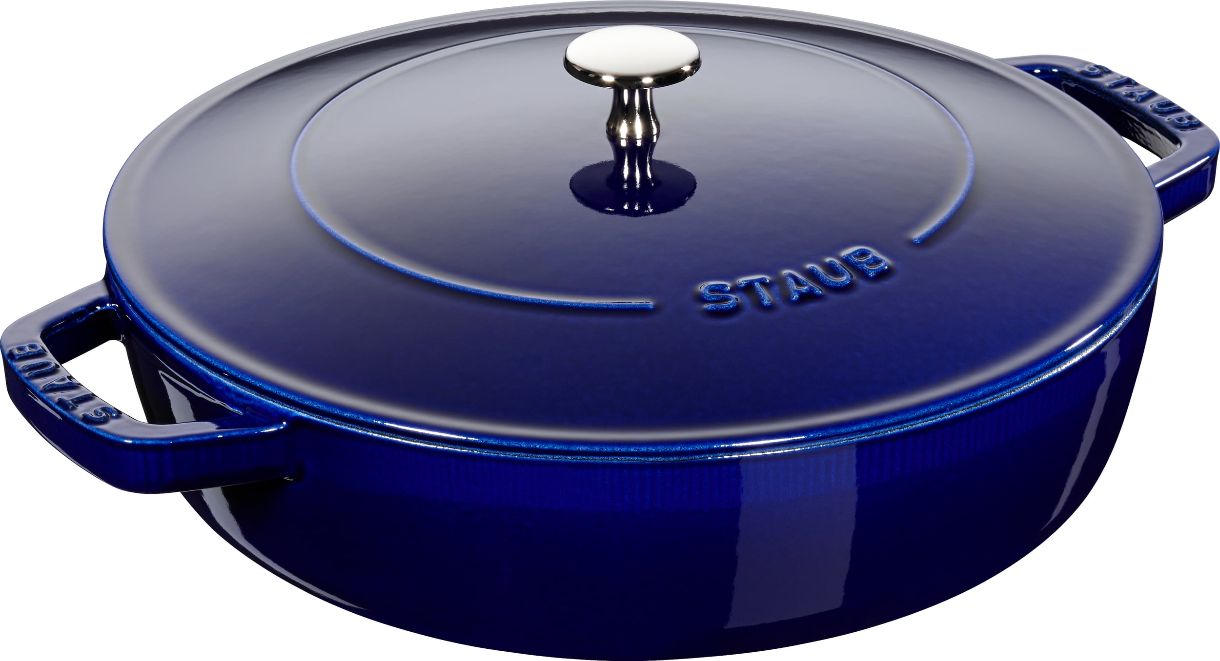 Staub Pfanne 24 cm tief blau mit zwei Griffen und einem Deckel