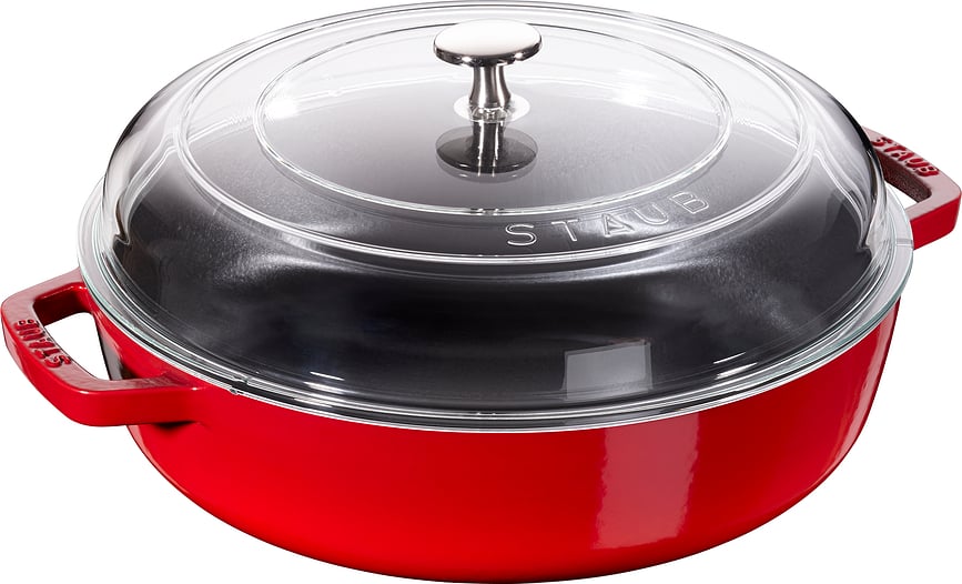 Staub Pfanne 28 cm rot aus Gusseisen mit zwei Griffen und einem Deckel