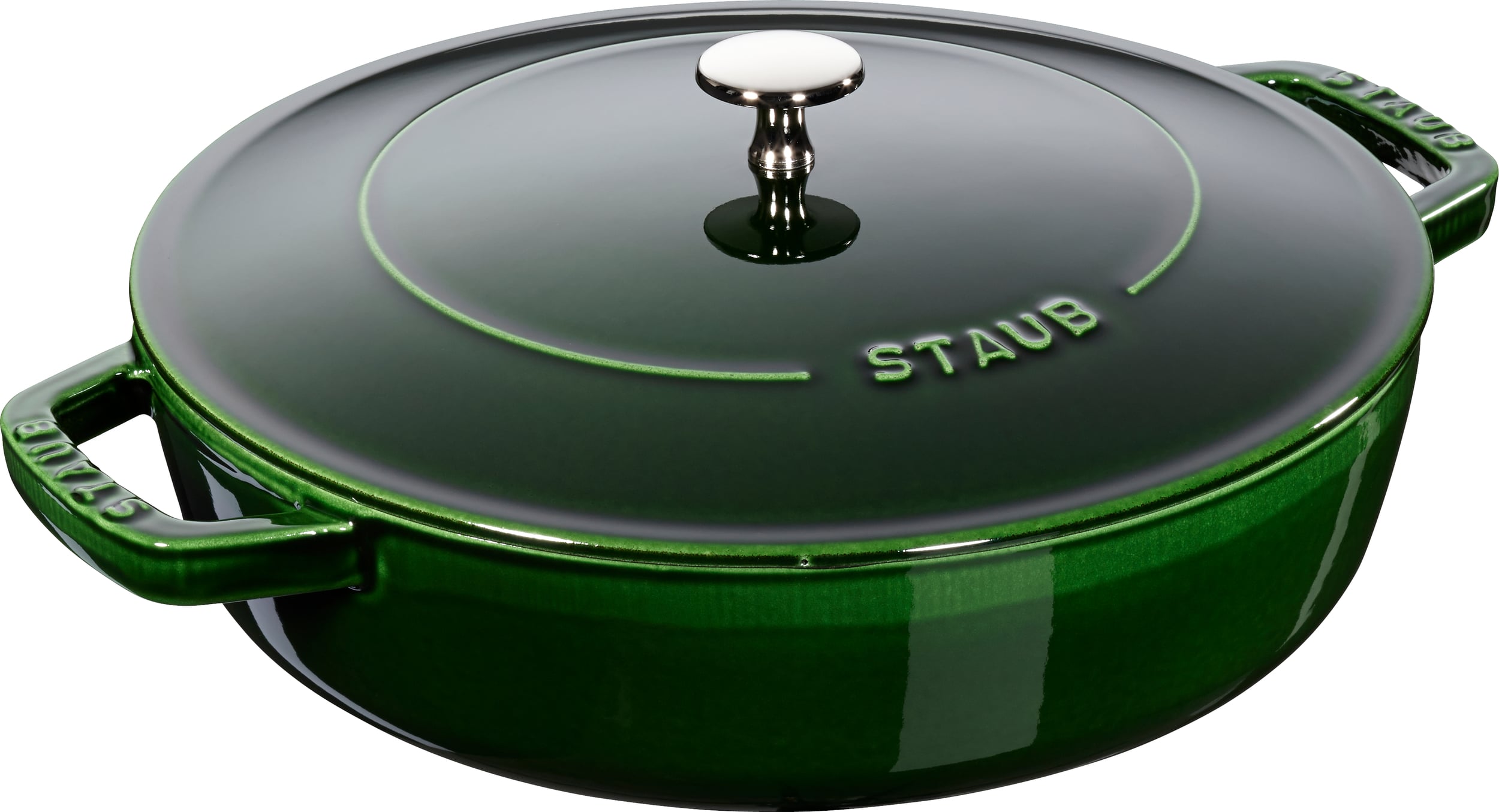 Staub Pfanne 28 cm tief grün mit zwei Griffen und einem Deckel