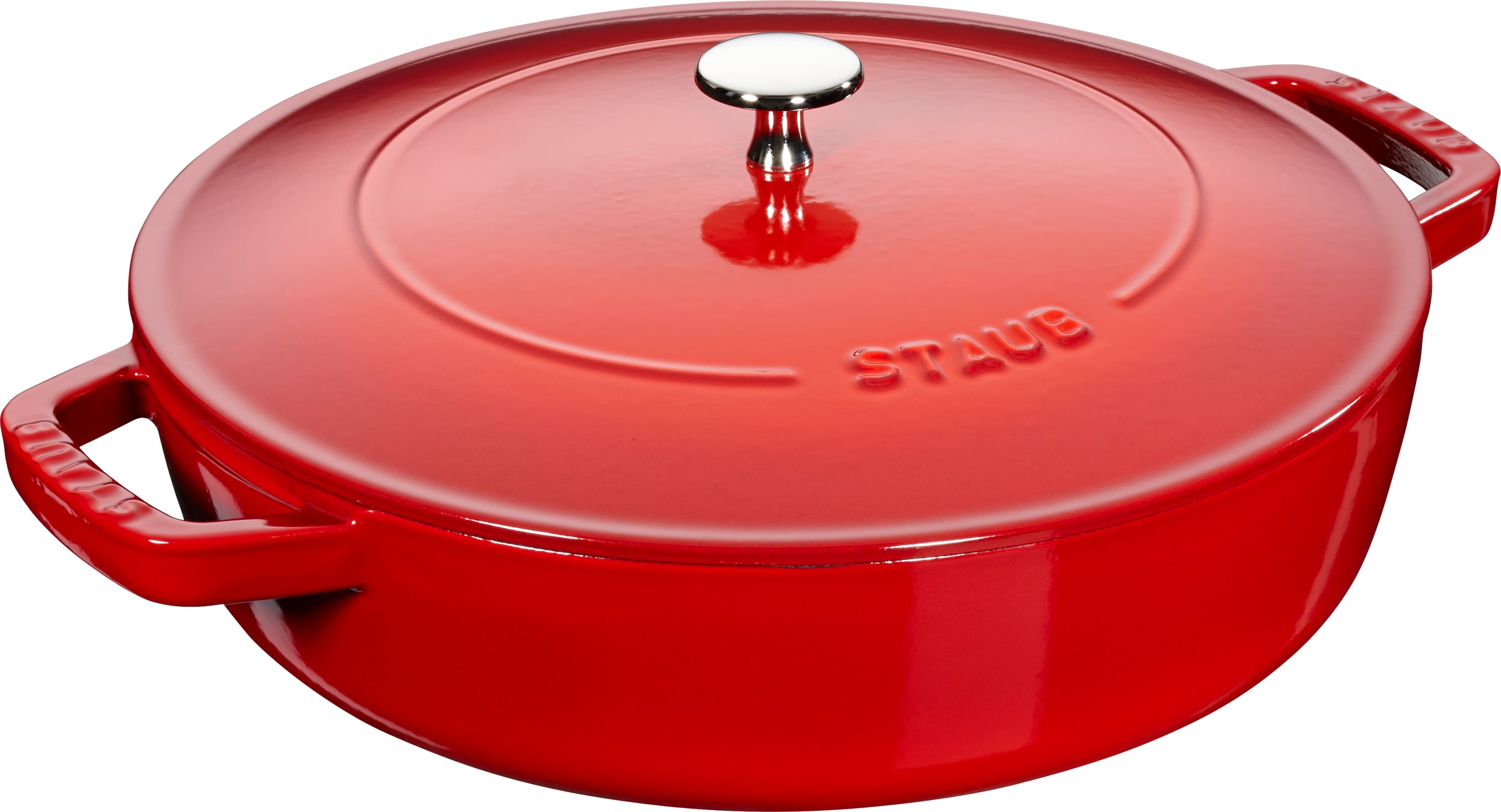 Staub Pfanne 28 cm tief rot mit zwei Griffen und einem Deckel