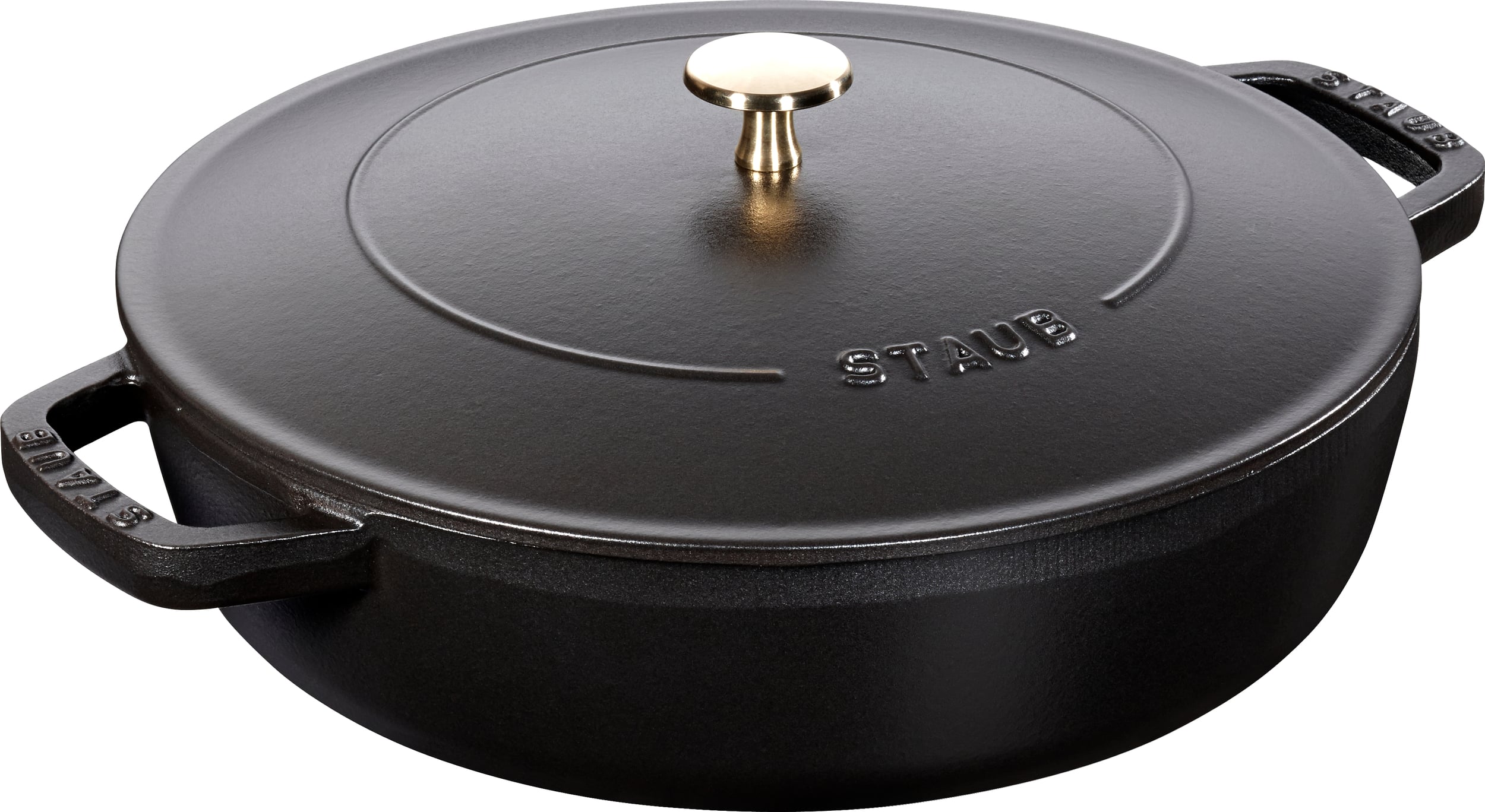 Staub Pfanne 28 cm tief schwarz mit zwei Griffen und einem Deckel