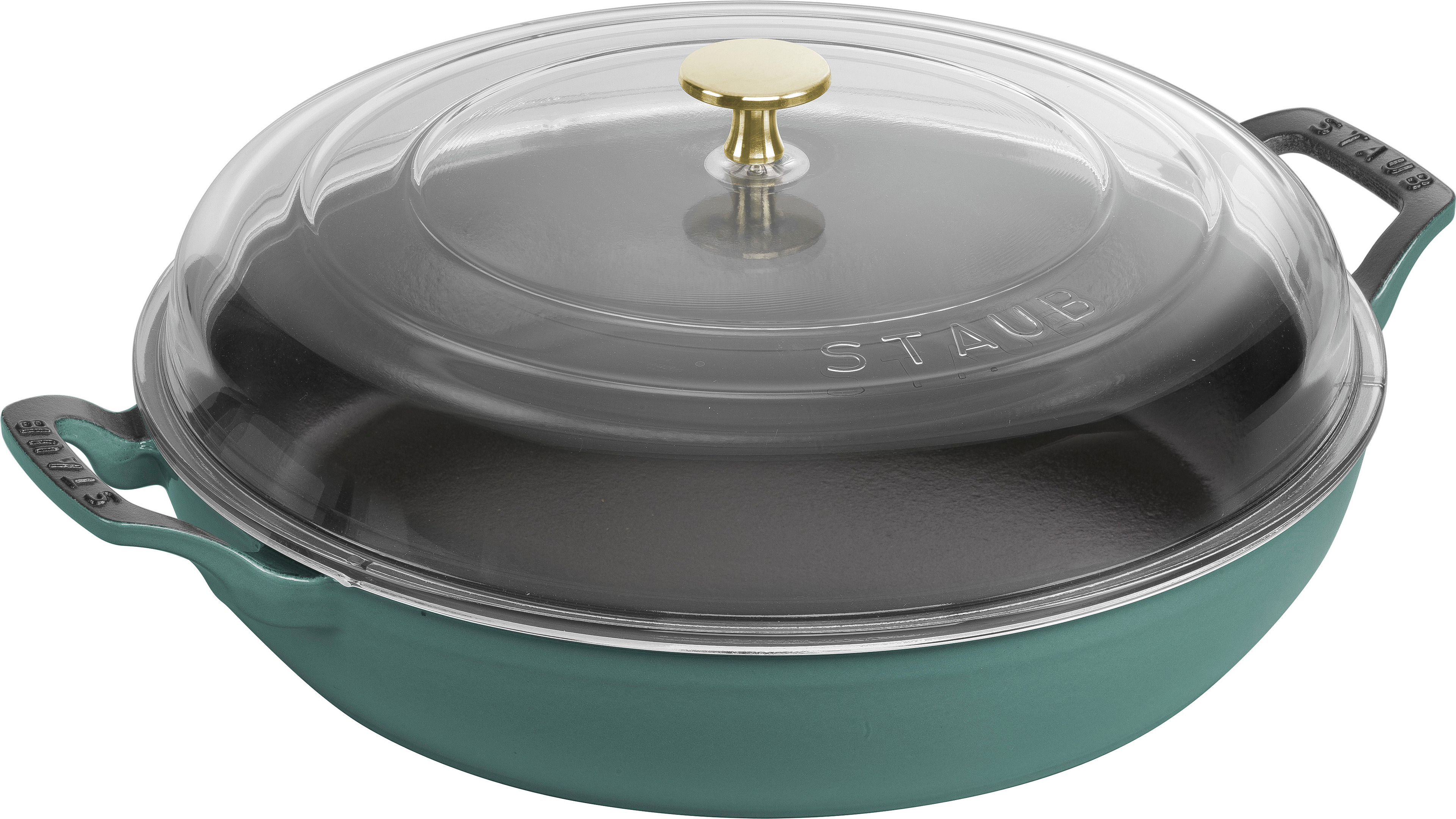 Staub Pfanne 30 cm Eukalyptusgrün aus Gusseisen mit zwei Griffen und einem Deckel