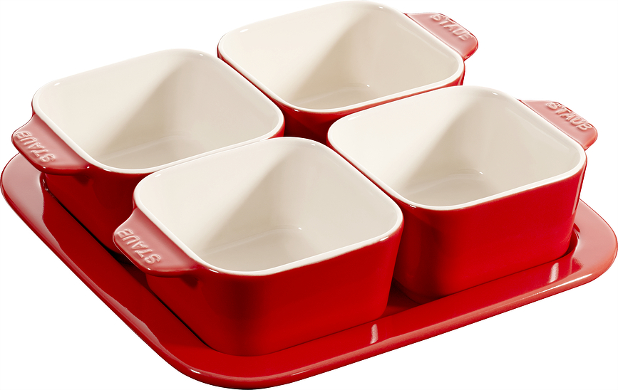 Staub Snack-Schalen 500 ml quadratisch rot mit Untersetzer 5 El.