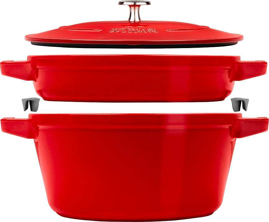 Staub Topf 24 cm rot mit Pfanne und Deckel 3 El.