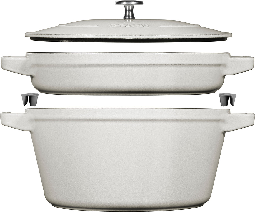 Staub Topf 24 cm weißer Trüffel mit Pfanne und Deckel 3 El.