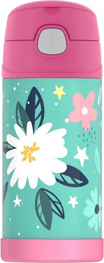 Botella Térmica con Pajita FUNtainer, 355 ml, diseño de flores, rosa y verde